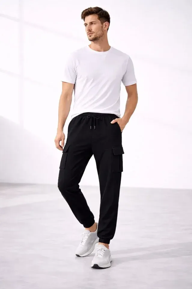 Erkek Jogger Eşofman Altı Regular Fit , Kargo Cepli, Lastikli Paça, Günlük Spor Pantolon - Siyah