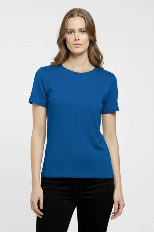 T-Shirt Bisiklet Yaka Slim Fit Likralı Tişört Günlük Basic Body - İndigo