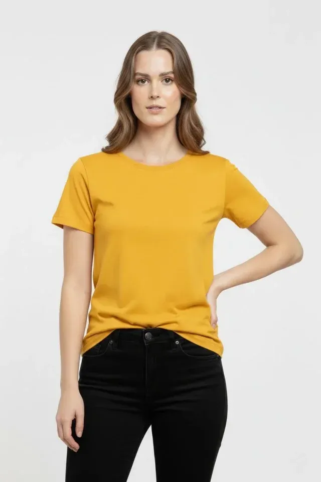 T-Shirt Bisiklet Yaka Slim Fit Likralı Tişört Günlük Basic Body - Sarı