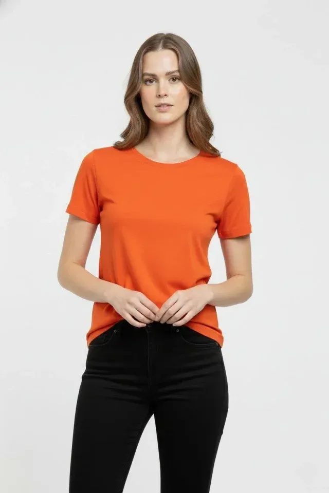 T-Shirt Bisiklet Yaka Slim Fit Likralı Tişört Günlük Basic Body - Turuncu