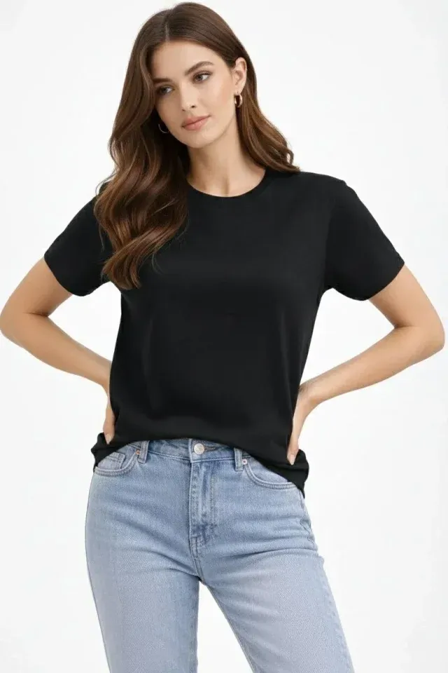 Bisiklet Yaka Tişört Regular Kalıp Basic Pamuklu Günlük Kullanım T-shirt - Siyah