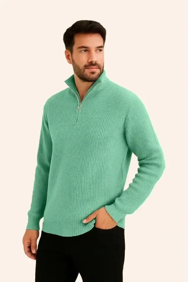 Erkek Fitilli Triko Kazak 3’lü Set – Mint Yeşili, Siyah, Bej Kalın Dokuma Pamuklu Regular Fit V Yaka Fermuarlı Uzun Kollu Rahat Kışlık Kazak Kombini