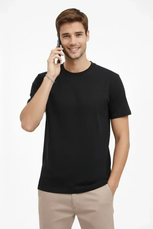 Erkek Bisiklet Yaka Tişört Regular Kalıp Basic Pamuklu Günlük Kullanım T-shirt - Siyah