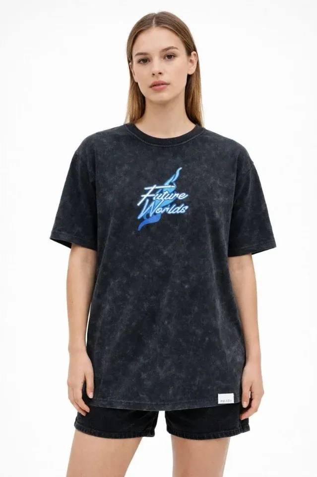 Asit Yıkamalı Oversize Tişört Future Worlds Baskılı Bisiklet Yaka Kısa Kollu Streetwear %100 Pamuk Street Style T-Shirt - Siyah