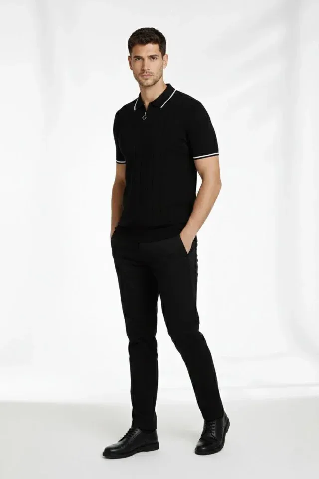 Erkek Fermuarlı Yaka Fitilli Triko Kısa Kollu Regular Fit Tişört T-shirt - Siyah