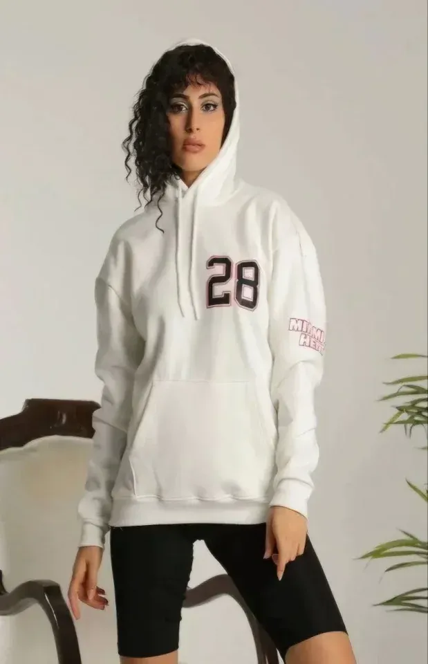 Unisex Kapşonlu Baskılı Sweetshirt - Beyaz
