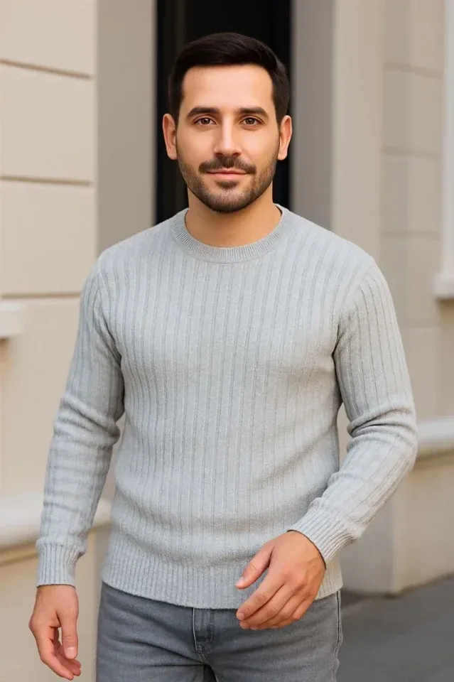 Erkek Fitilli Triko Kazak 3lü Set Gri Haki Siyah Regular Fit Bisiklet Yaka Triko Seti Modeli Kazak