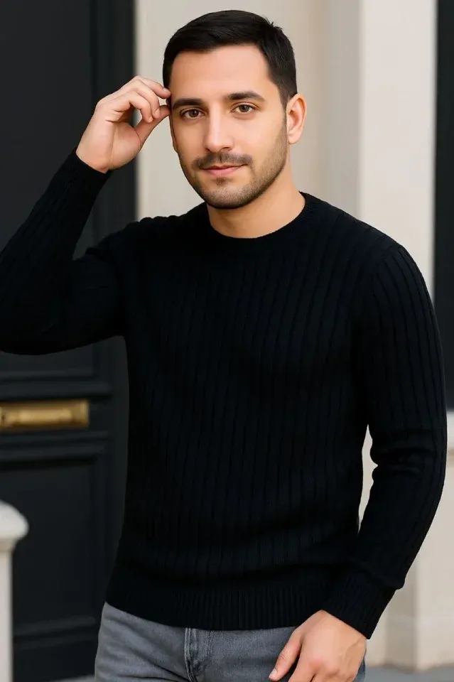 Erkek Fitilli Triko Kazak 3lü Set Gri Haki Siyah Regular Fit Bisiklet Yaka Triko Seti Modeli Kazak