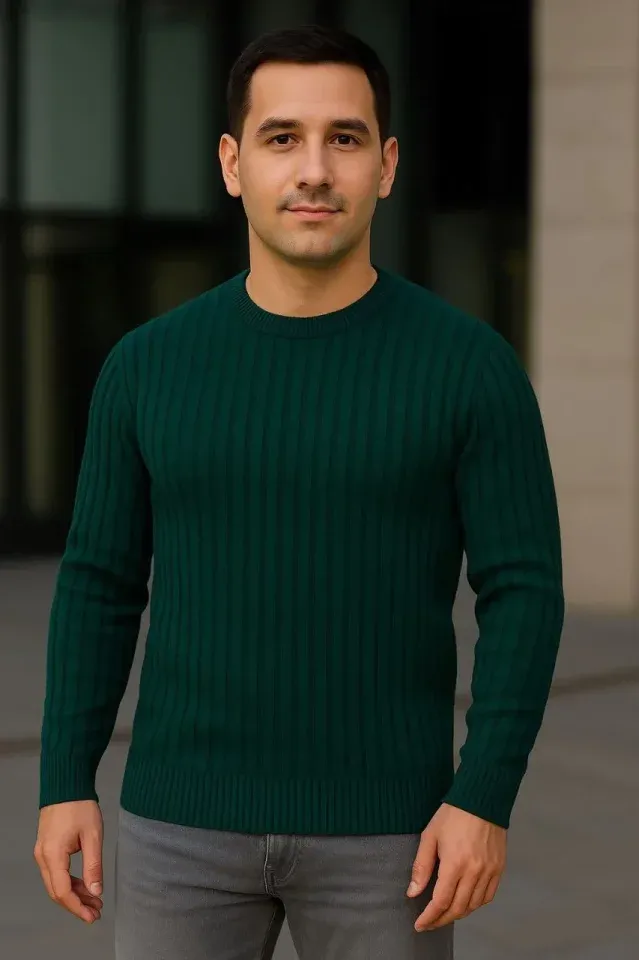 Erkek Fitilli Triko Kazak 3lü Set Gri Haki Siyah Regular Fit Bisiklet Yaka Triko Seti Modeli Kazak