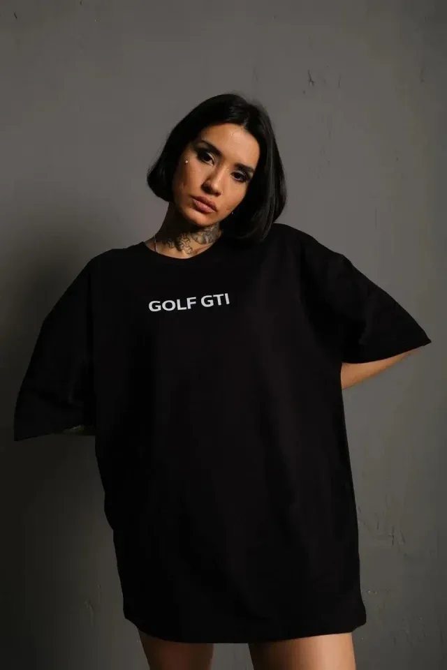 Oversize Baskılı Tişört – Golf GTI Retro Araba Desenli, Ön - Arka Dijital Baskı, Sokak Modası Stil - Siyah