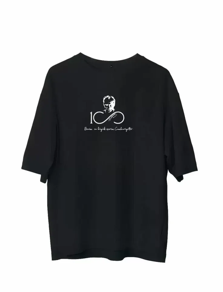 Unisex Bisiklet Yaka Baskılı Oversize T-Shirt - Siyah