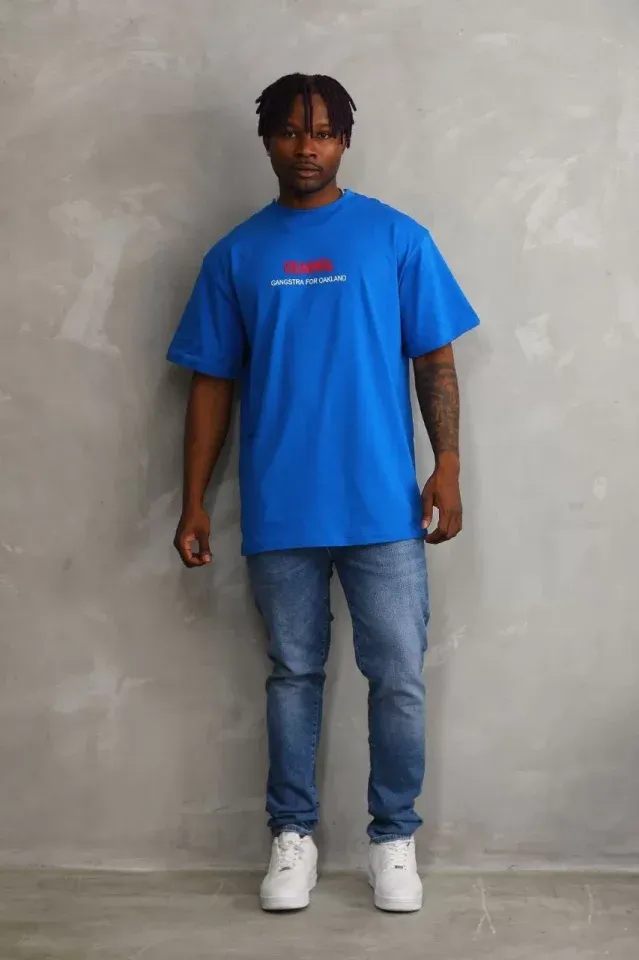 Unisex Baskılı Oversize T-Shirt - Mavi