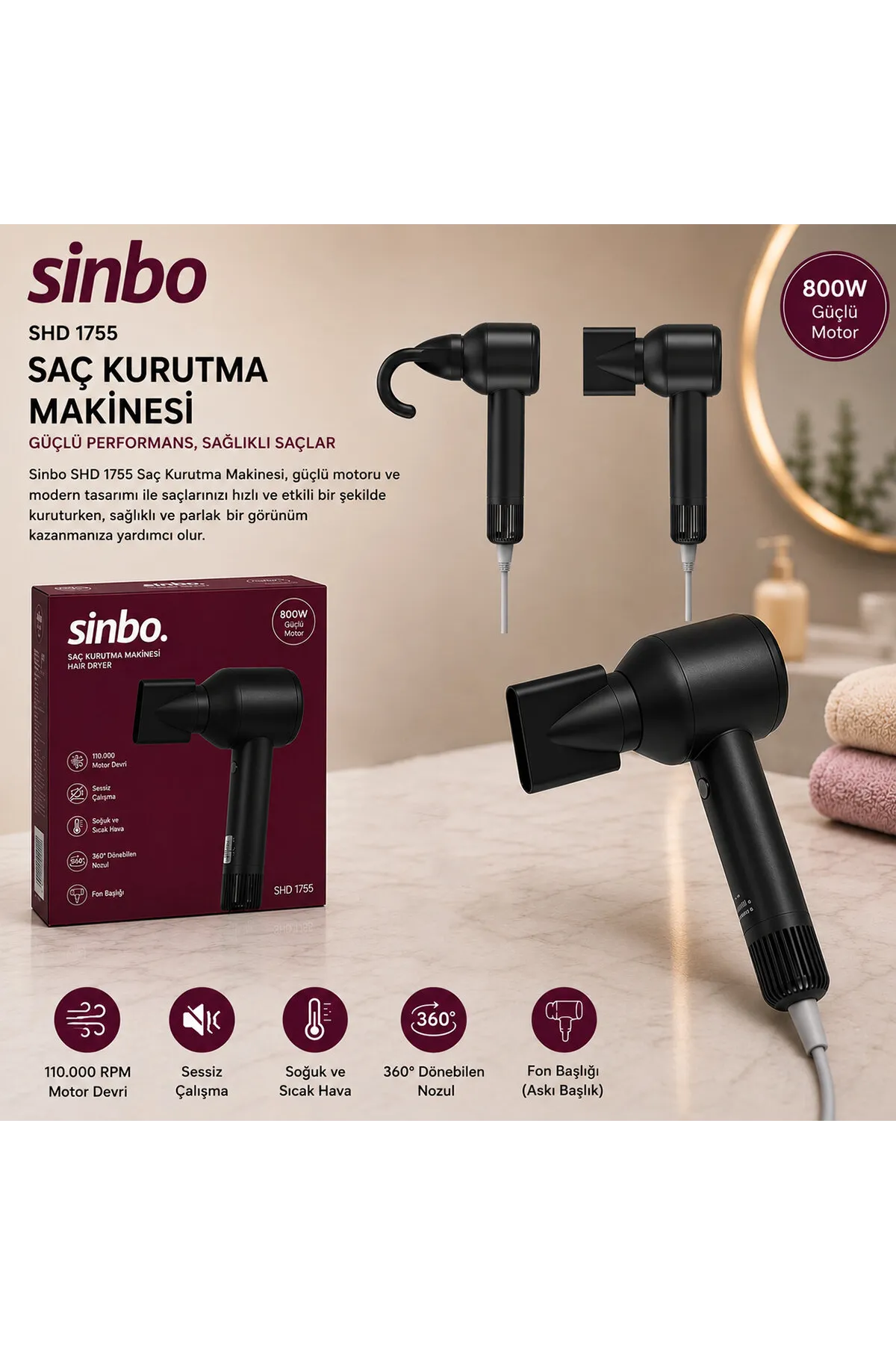 Sinbo Saç Kurutma Makinesi - Siyah Renk - Sessiz Çalışma Özelliği