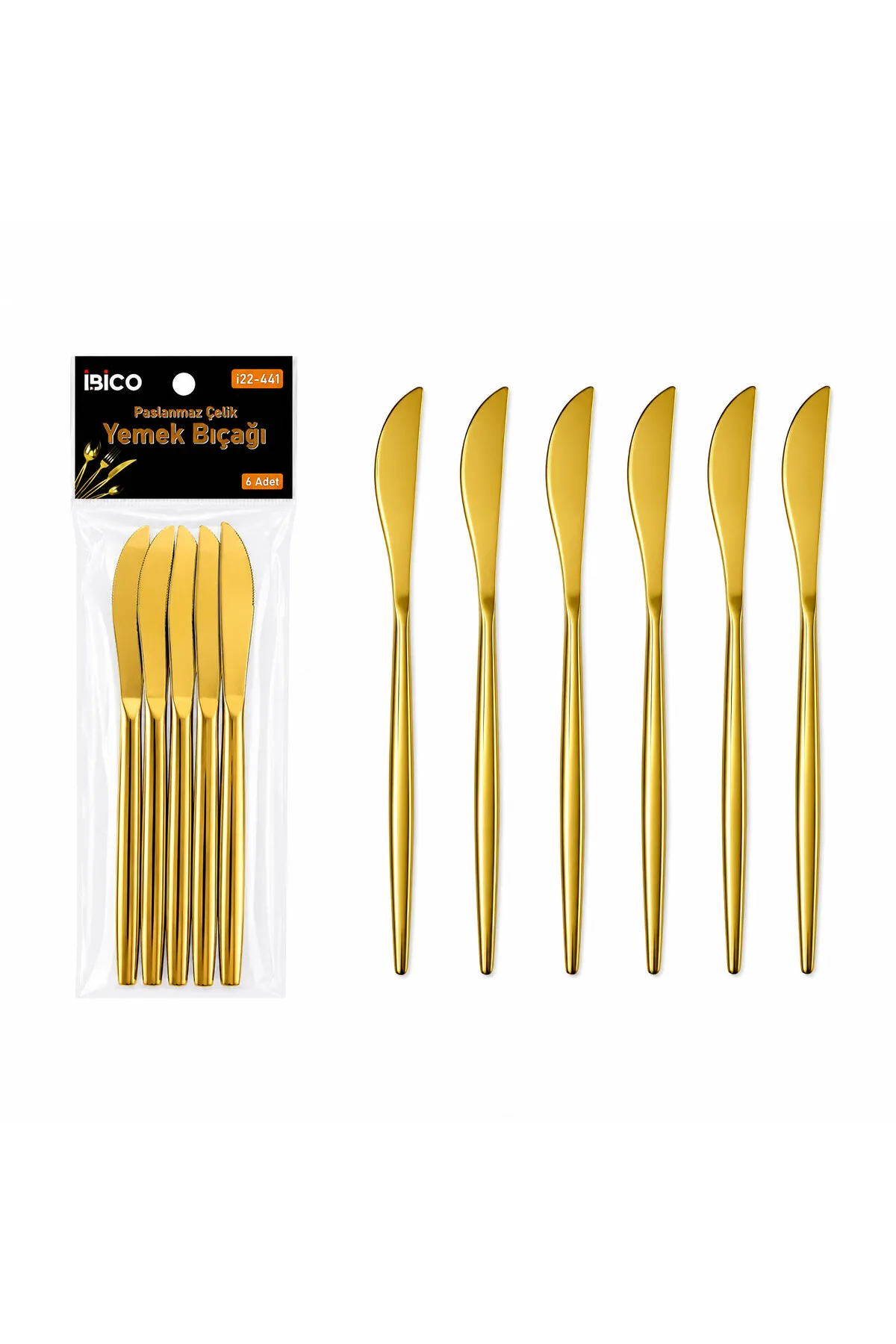 6 Parça Yemek Bıçağı Seti - Parlak Altın Renk - 21 cm