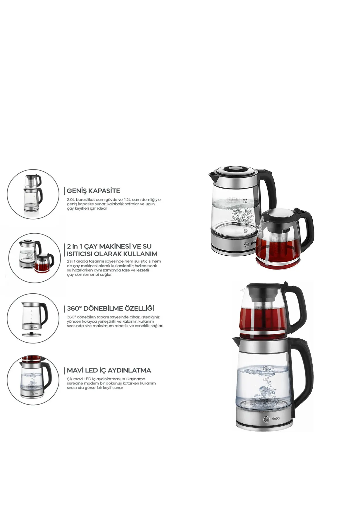 Sinbo 2'si 1 Arada Çaycı - Kettle - 2.0L + 1.2L Kapasite - Cam Gövde