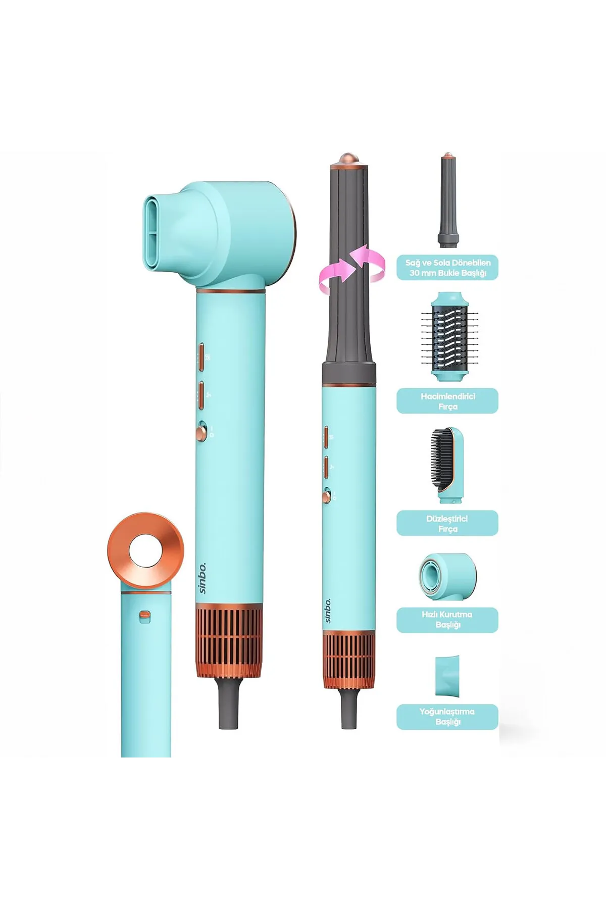 Sinbo Air Brush Saç Şekillendirme Cihazı - 5 Başlıklı - Mavi Renk