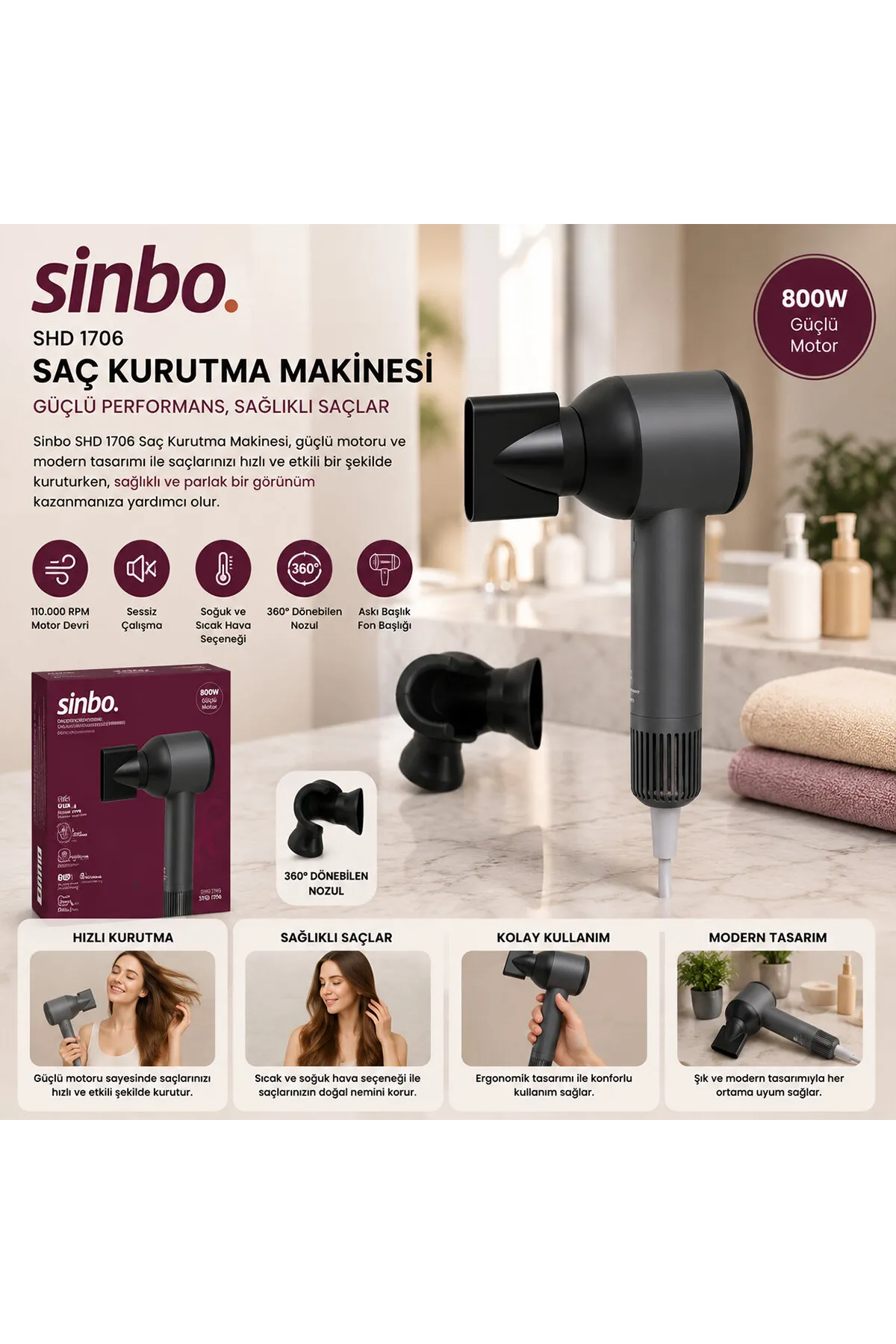 Sinbo Saç Kurutma Makinesi - Gri Renk - Sessiz Çalışma Özelliği