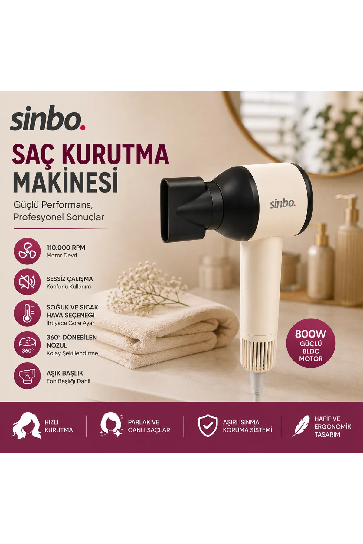 Sinbo Saç Kurutma Makinesi - Pembe Renk - 3 Kademeli Hız ve Sıcaklık