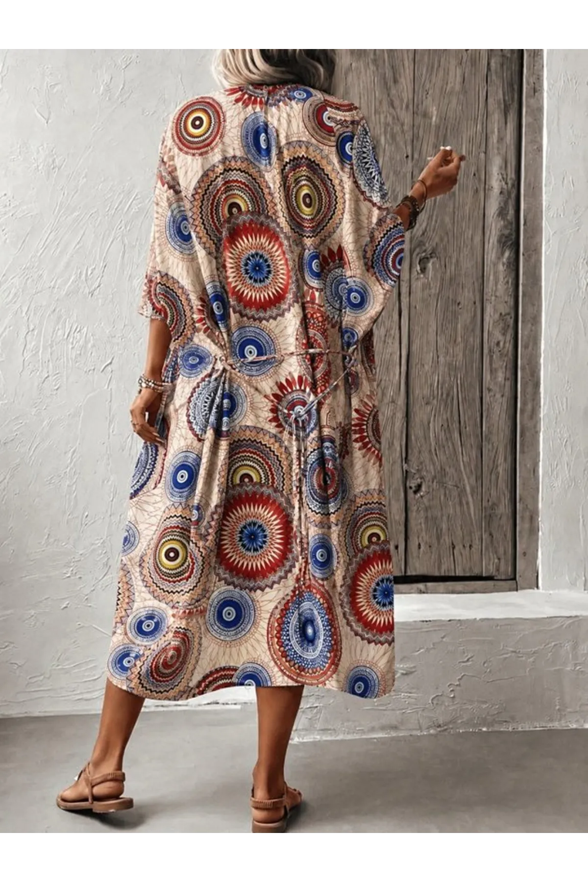Kadın Kısa Kollu önü Açık Belden Kuşaklı Uzun Kimono