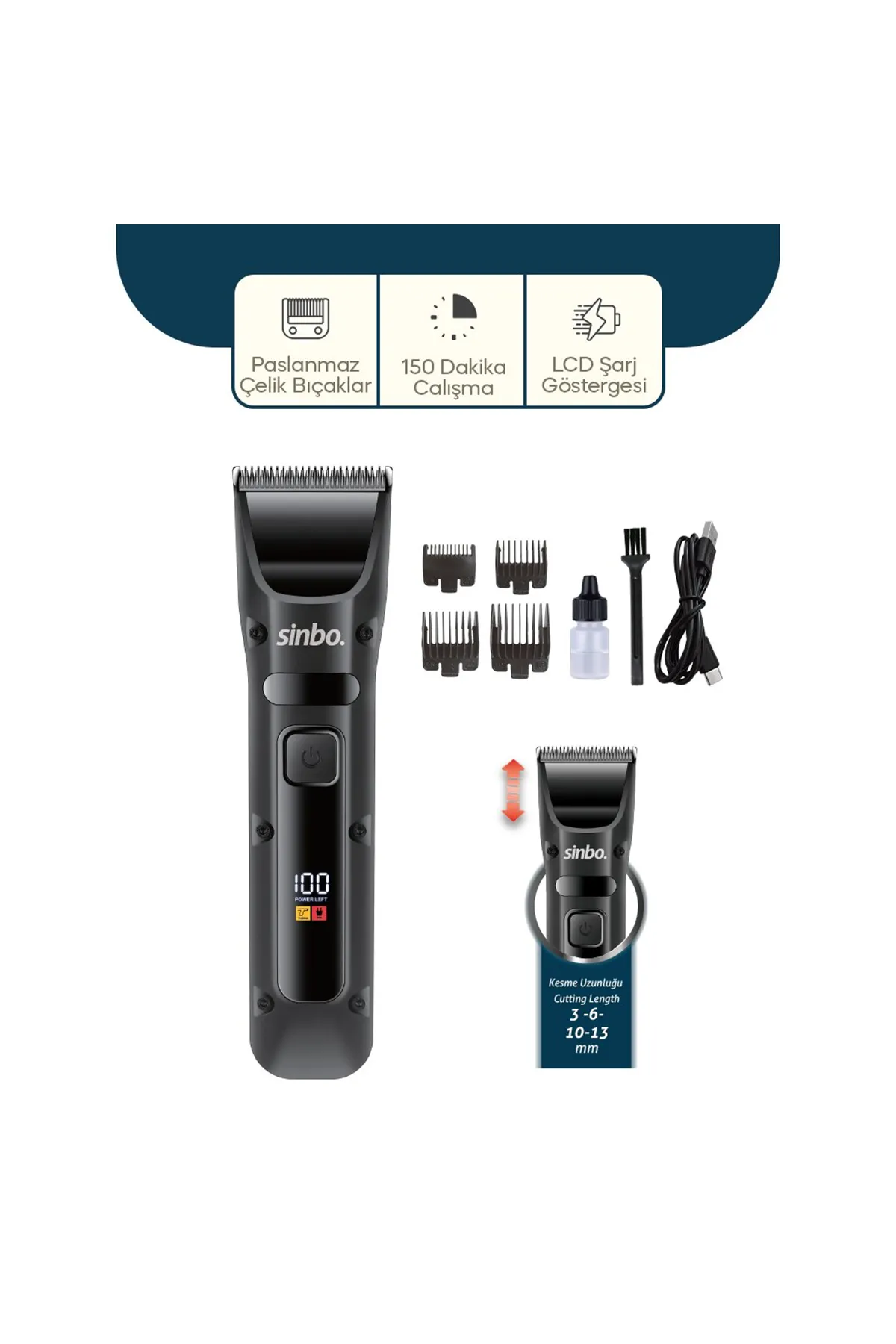 Sinbo Saç Sakal Kesme Tıraş Makinesi - USB Şarjlı - LCD Göstergeli