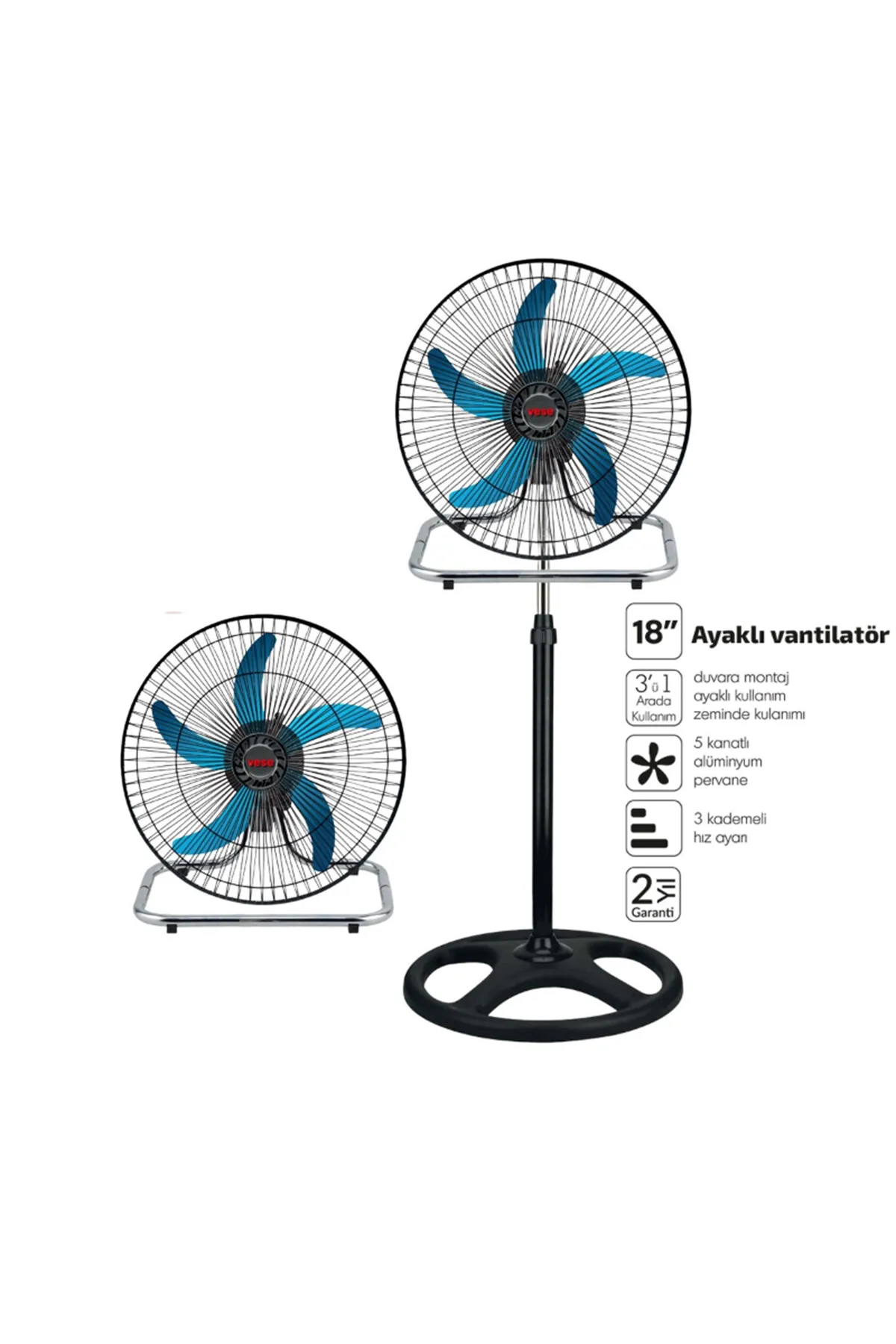 Sanayi Tipi Ayaklı Vantilatör - 5 Metal Kanatlı - 18 İnç 46 cm
