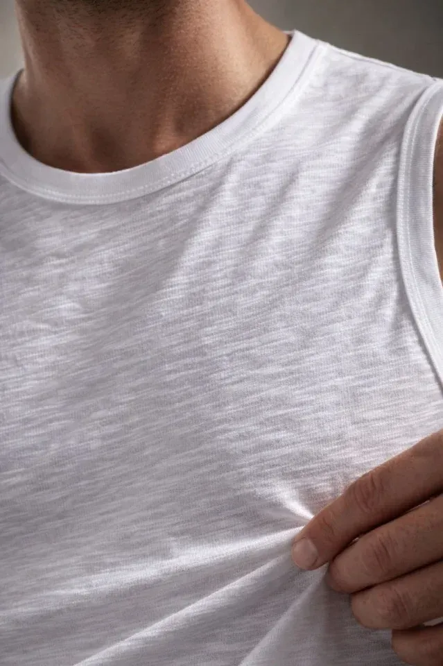 Erkek Flamlı Kumaş Sıfır Kolsuz Atlet Basic Spor Üst, Günlük Ve Fitness Kullanımına Uygun - Beyaz