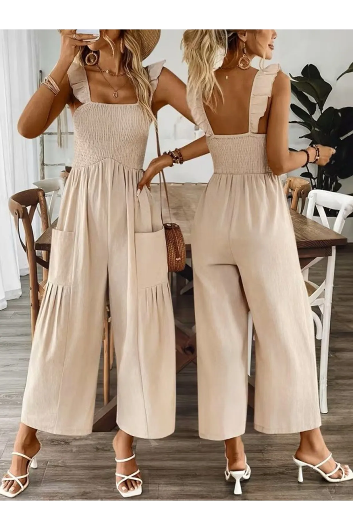 Kadın Askılı Gipe Detaylı Cepli Uzun Tulum