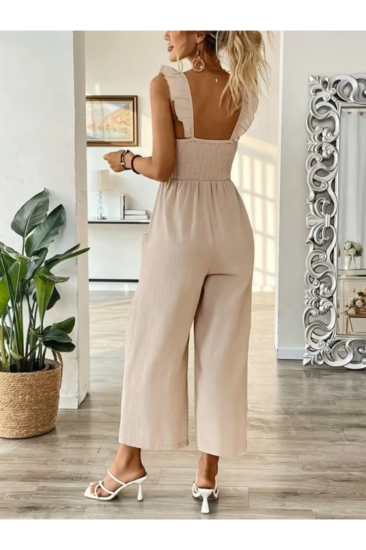 Kadın Askılı Gipe Detaylı Cepli Uzun Tulum
