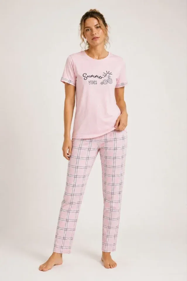 Pamuklu Penye Summer Baskılı Kısa Kollu Pijama Takımı Ekose Desenli - Pembe