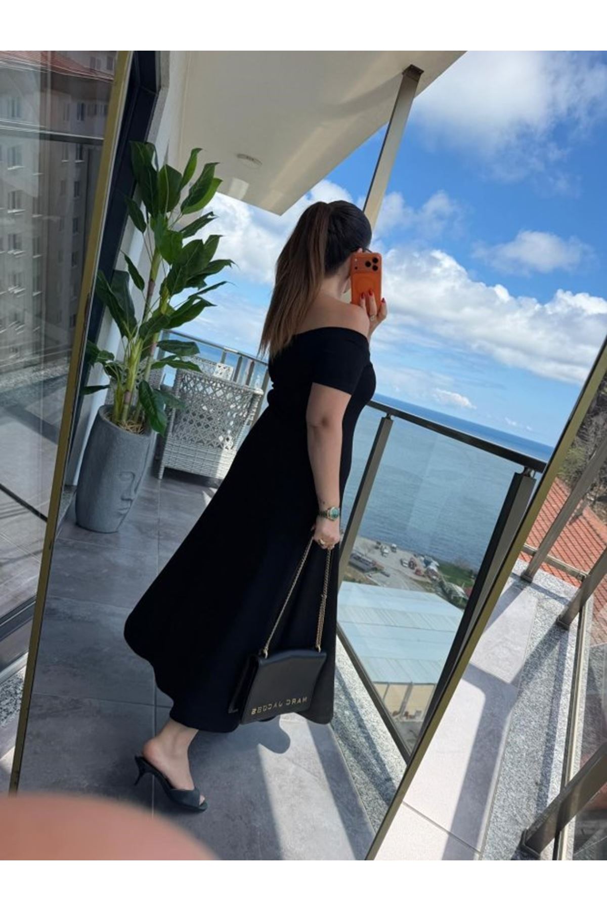 Kadın Madonna Yaka Midi Boy Modal Elbise