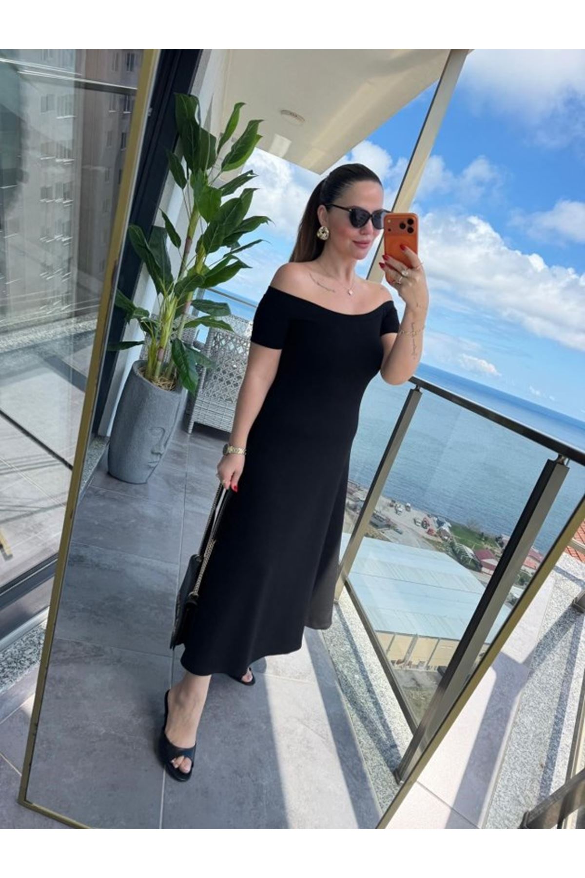 Kadın Madonna Yaka Midi Boy Modal Elbise
