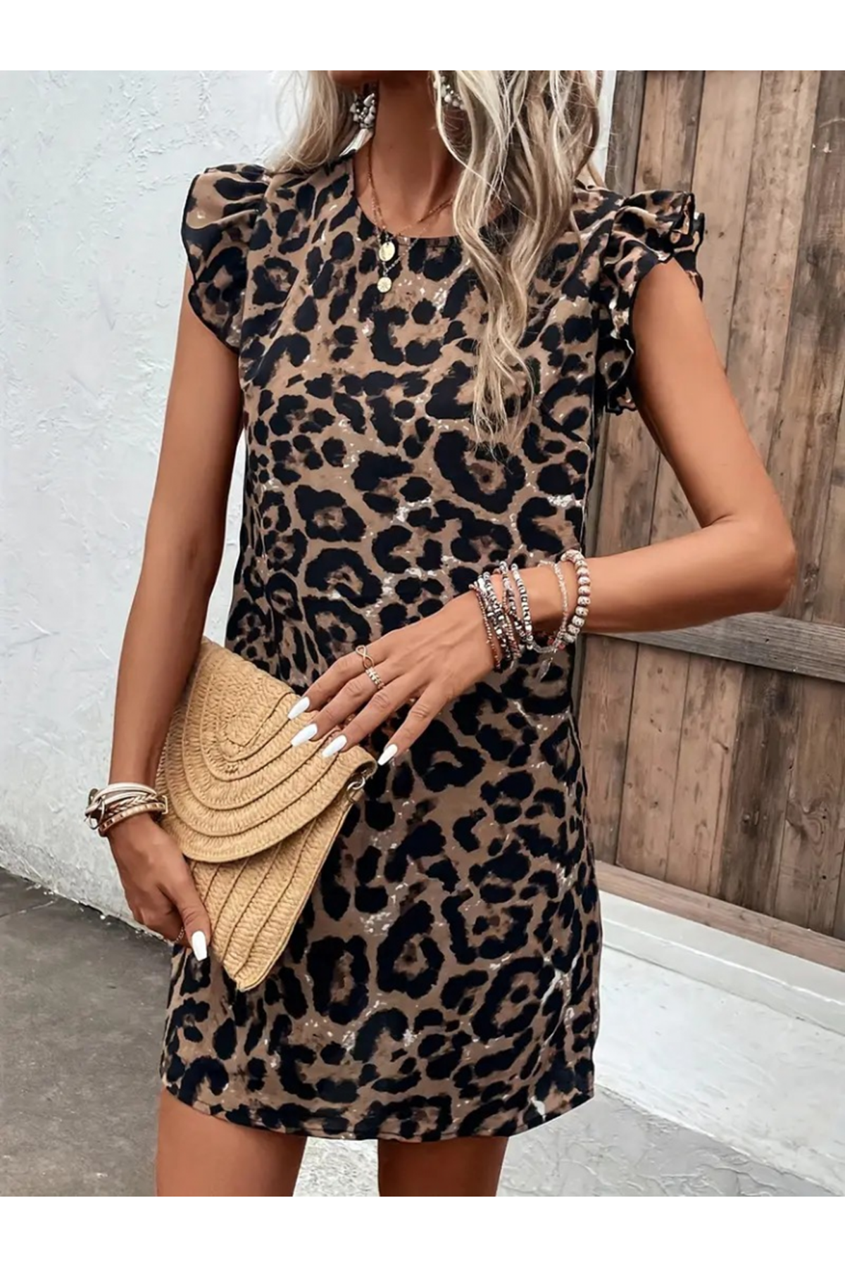 Kadın Kısa Kollu Kolları Fırfır Detay Arkası Bağlamalı Leopar Desen Kolsuz Mini Mikro Elbise