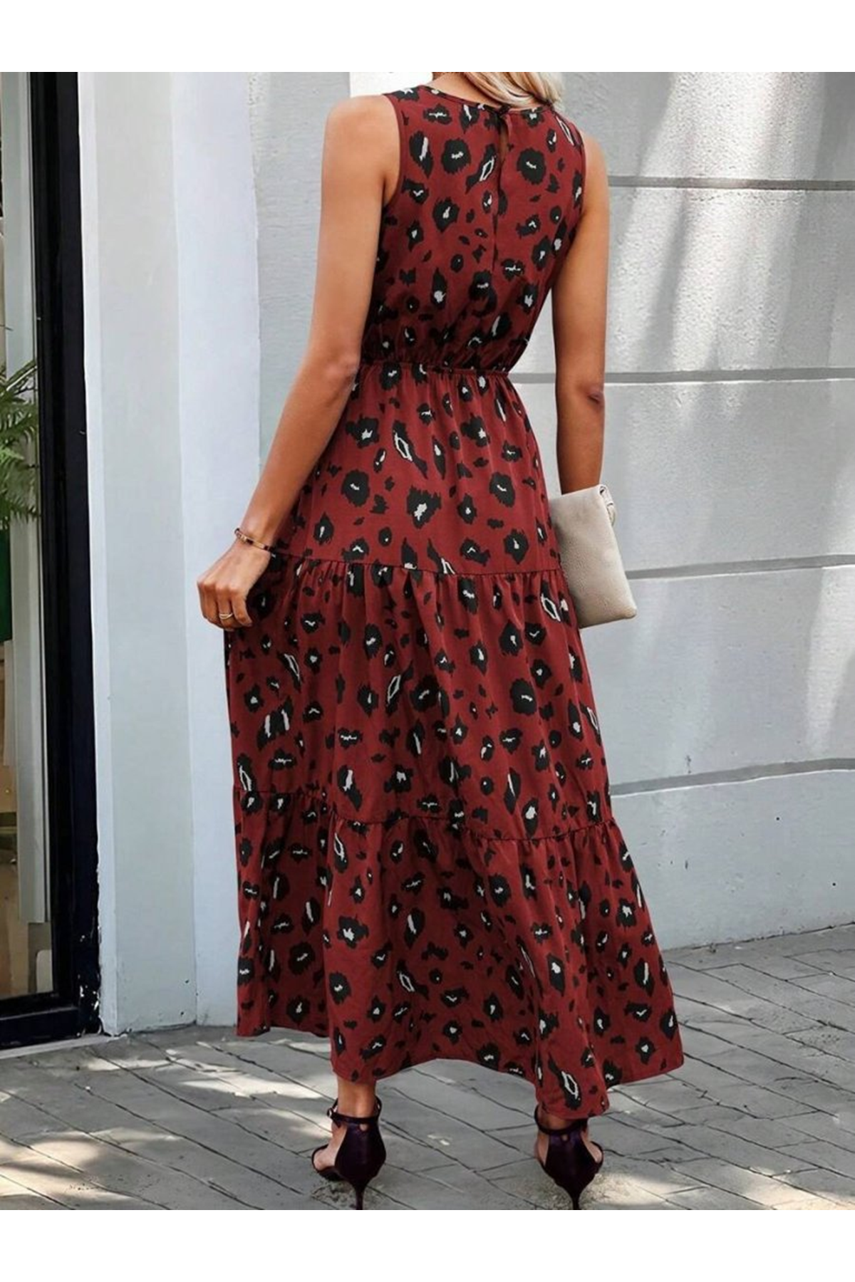 Kadın Kolsuz Bisiklet Yaka Beli Lastikli Desenli Süprem Elbise