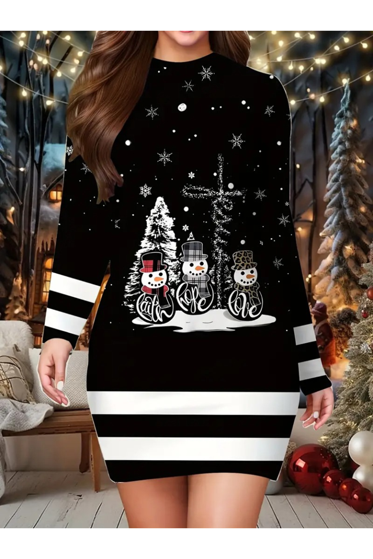 Kadın Uzun Kollu Bisiklet Yaka Kardan Adam Desenli Dalgıç Noel Elbise