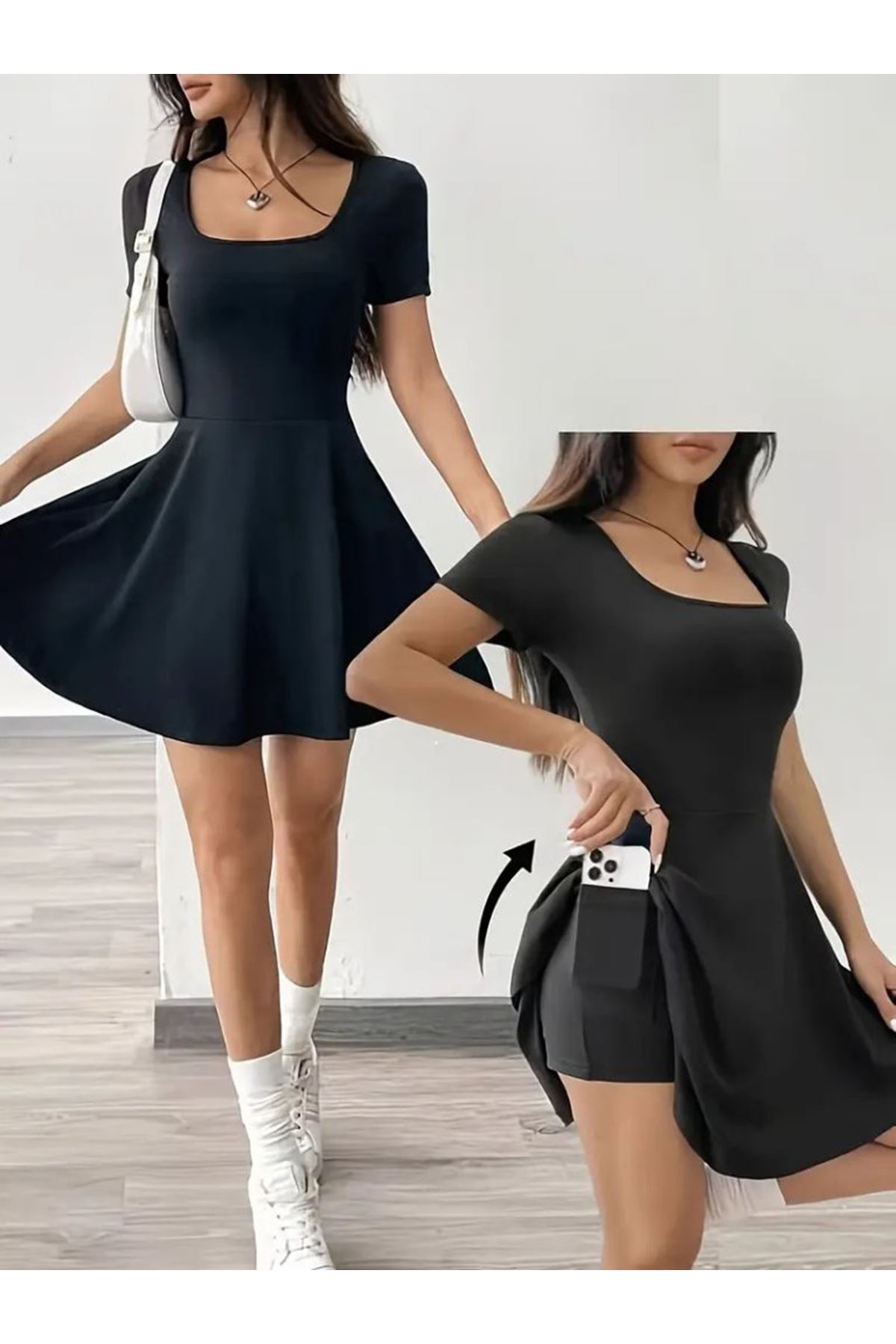 Kadın Kısa Kollu Kare Yaka Short Detaylı Cepli Dalgıç Elbise
