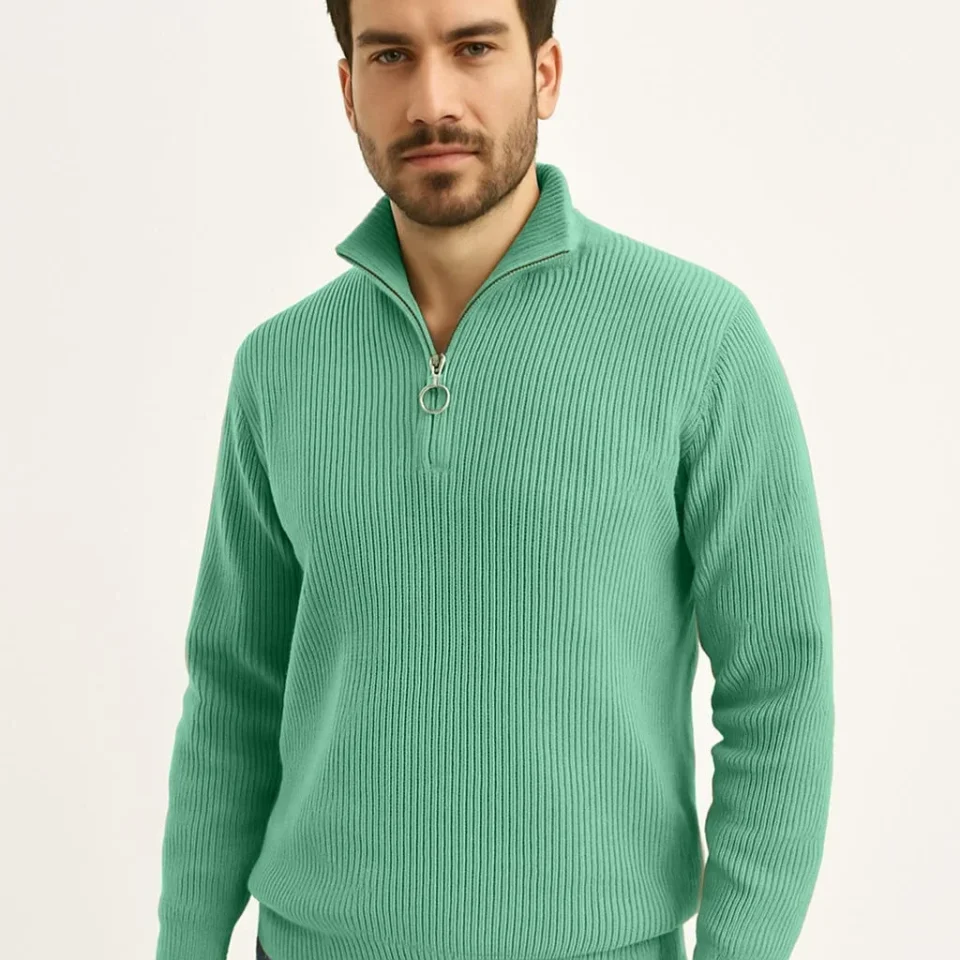Erkek Fitilli Triko Kazak 2’li Set –  Mint Yeşili - Siyah, Kalın Dokuma Pamuklu Regular Fit V Yaka Fermuarlı Uzun Kollu Rahat Kışlık Kazak Kombini