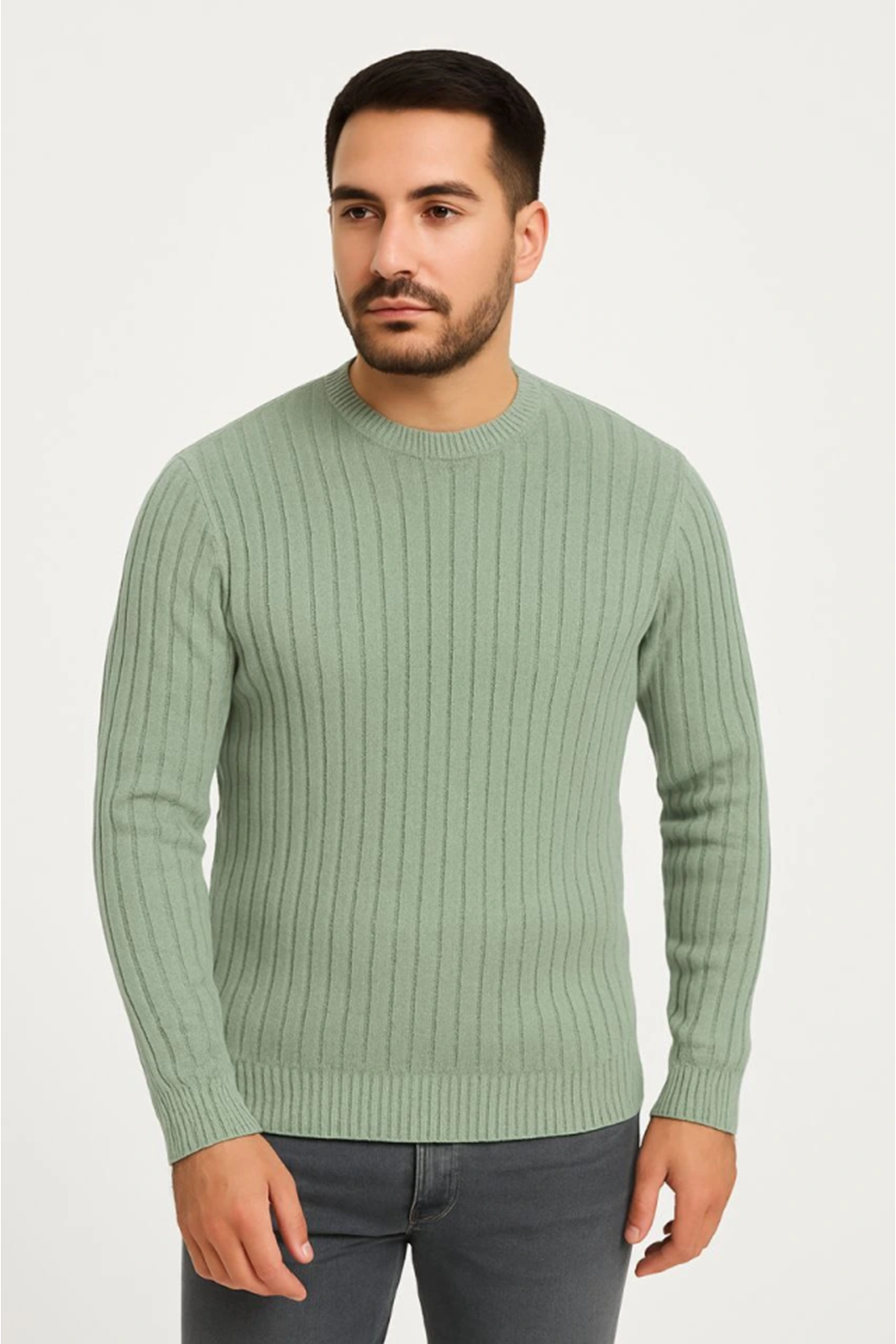 Erkek Bisiklet Yuvarlak Yaka Triko Kazak Pamuklu Kalın Fitilli Dokuma, Regular Fit Uzun Kollu Kışlık Model - Mint Yeşili