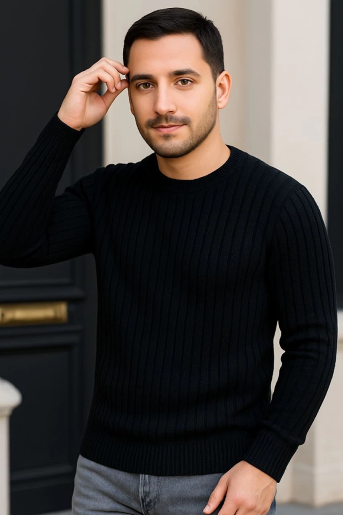 Erkek Fitilli Triko Kazak 3lü Set Bej Gri Siyah Regular Fit Bisiklet Yaka Triko Seti Kazak Modeli