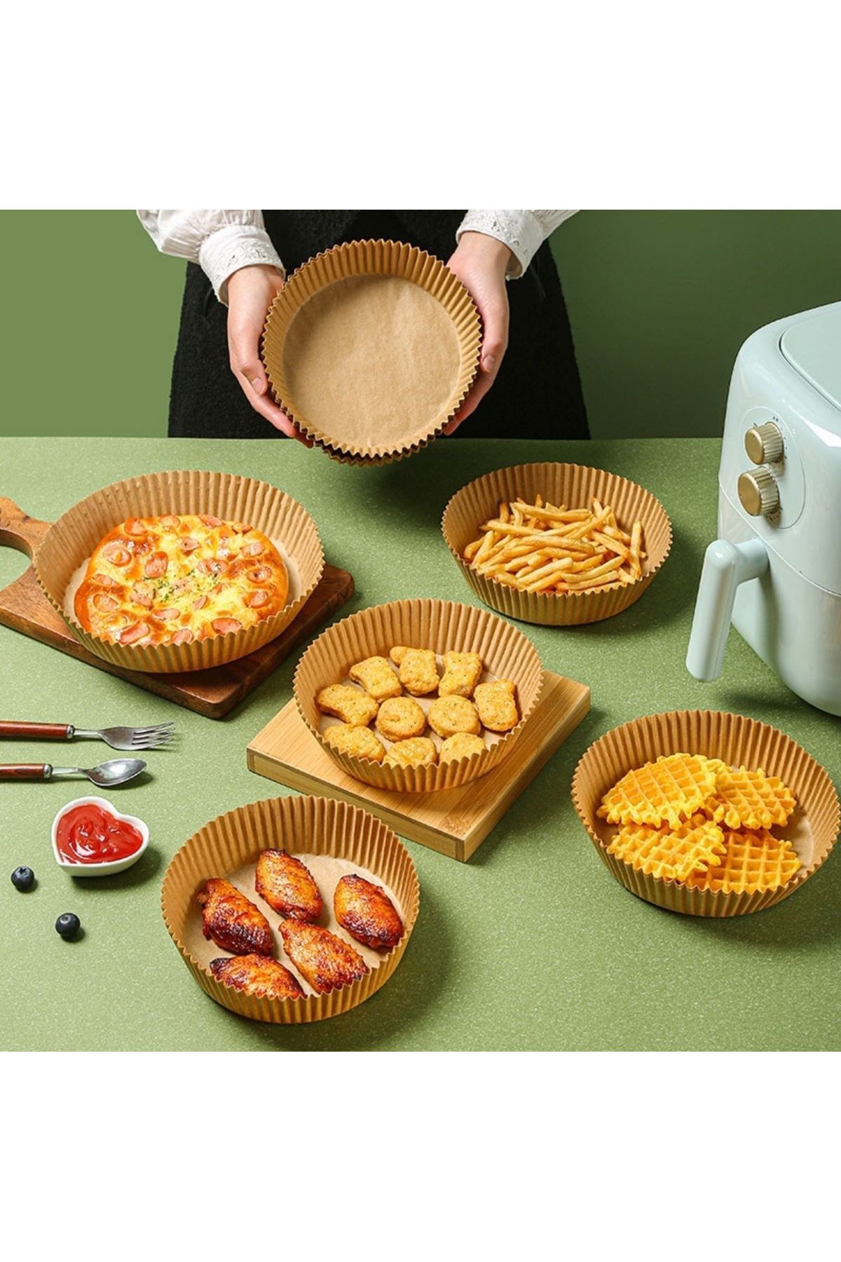 50 Adet Air Fryer Pişirme Kağıdı Tek Kullanımlık Hava Fritöz Yağ Geçirmez Yapışmaz Tabak Model