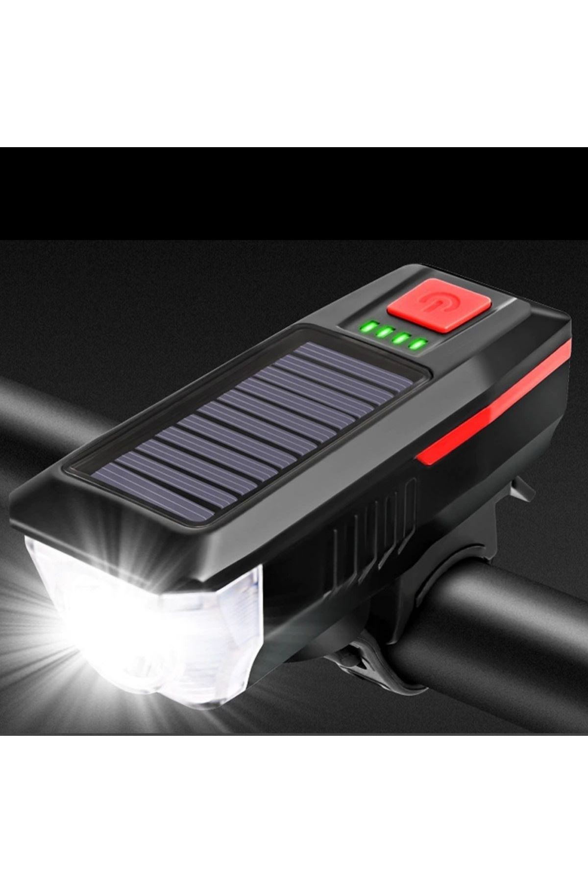 TBL Dekor® Solar Enerjili USB ile Şarj Edilebilir Ledli Bisiklet Feneri Kornalı ve Su Geçirmez Far