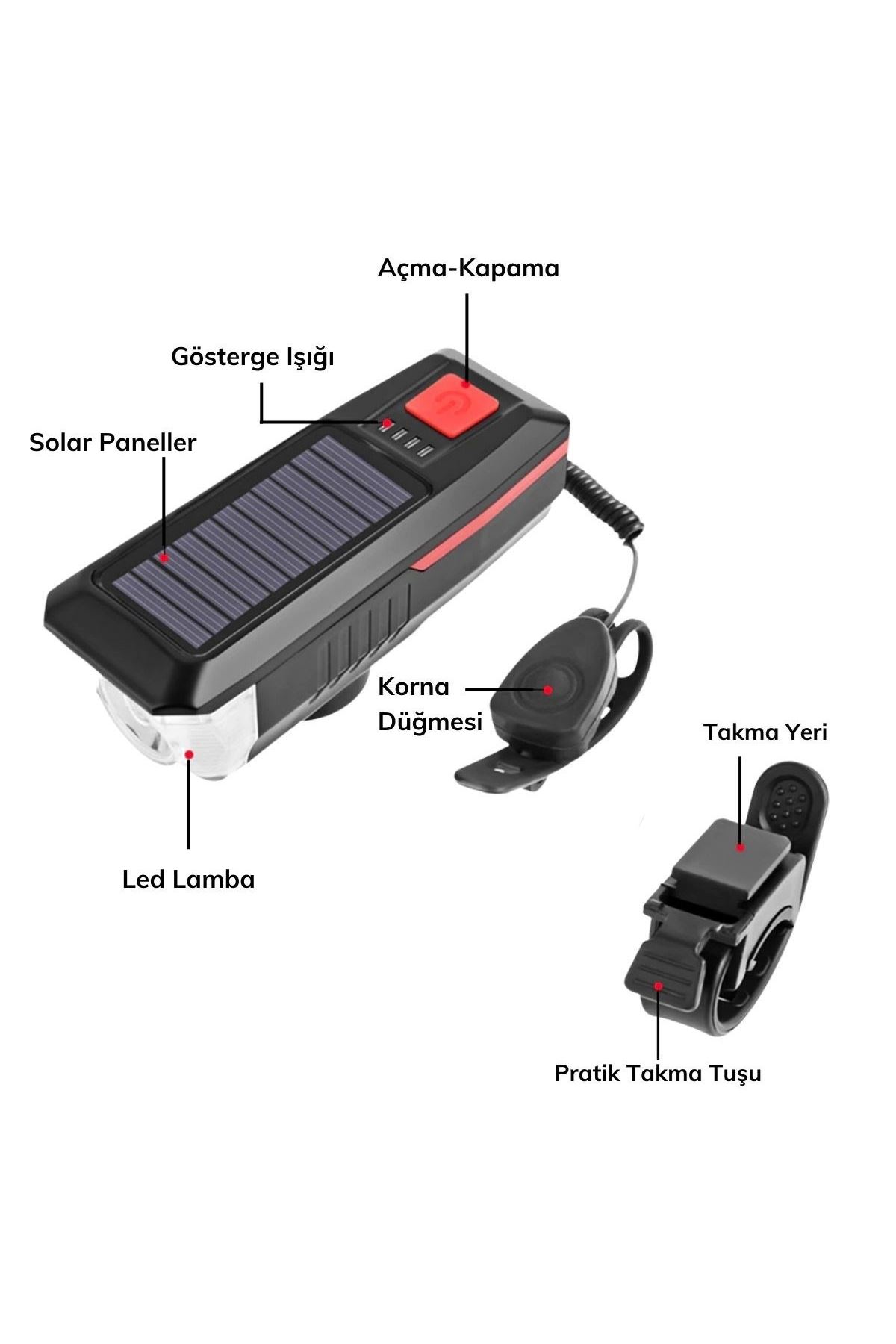 TBL Dekor® Solar Enerjili USB ile Şarj Edilebilir Ledli Bisiklet Feneri Kornalı ve Su Geçirmez Far