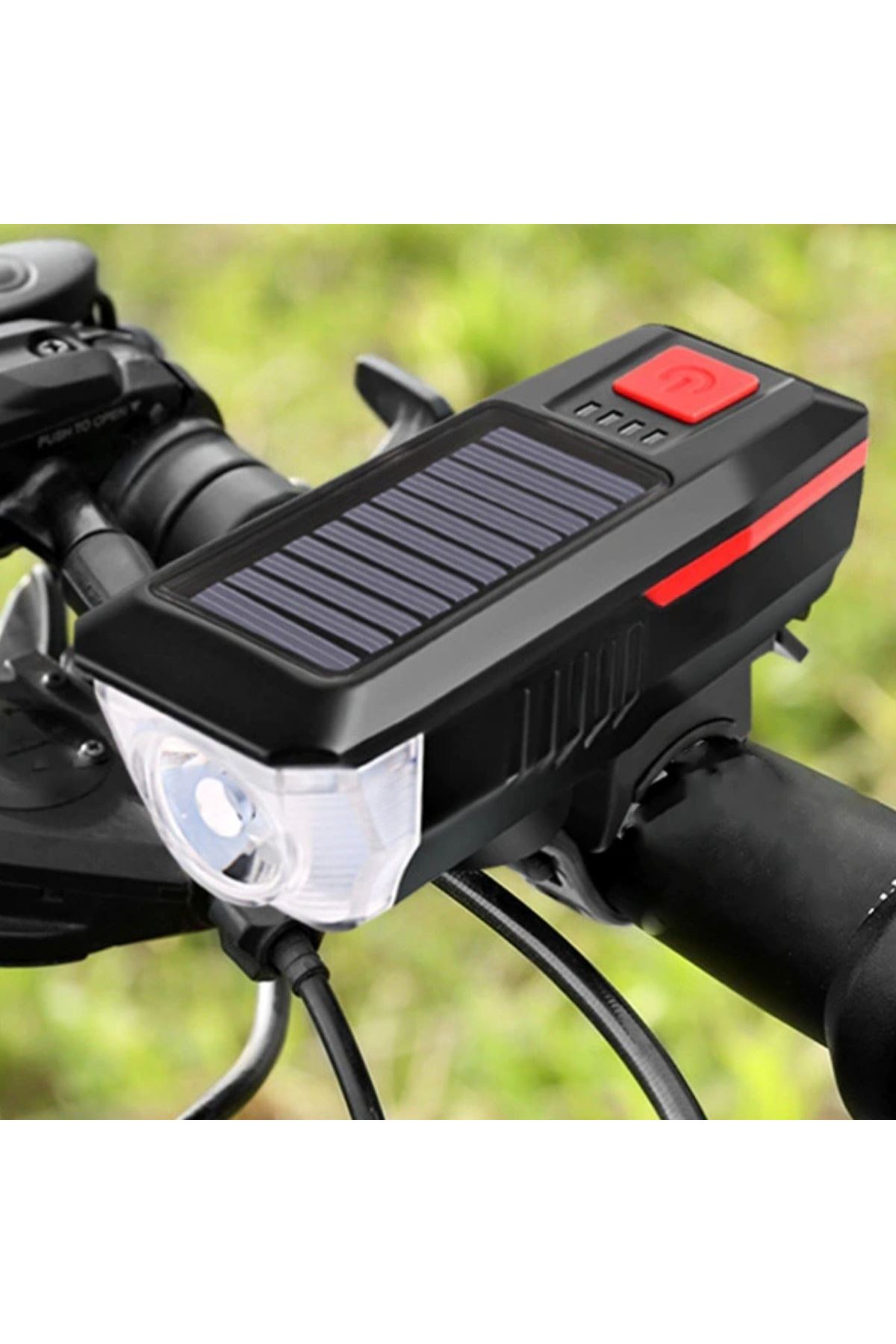 TBL Dekor® Solar Enerjili USB ile Şarj Edilebilir Ledli Bisiklet Feneri Kornalı ve Su Geçirmez Far