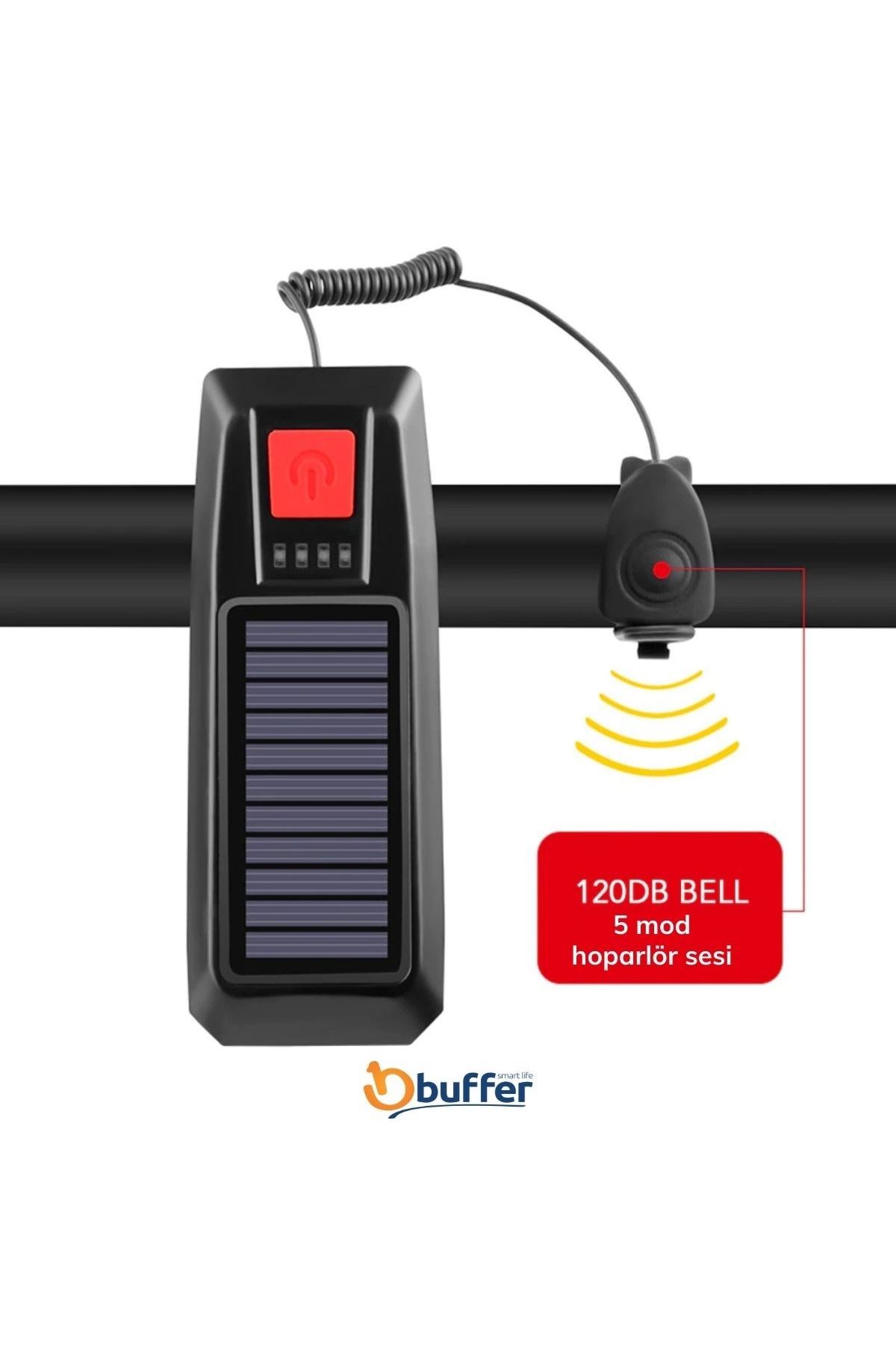 TBL Dekor® Solar Enerjili USB ile Şarj Edilebilir Ledli Bisiklet Feneri Kornalı ve Su Geçirmez Far