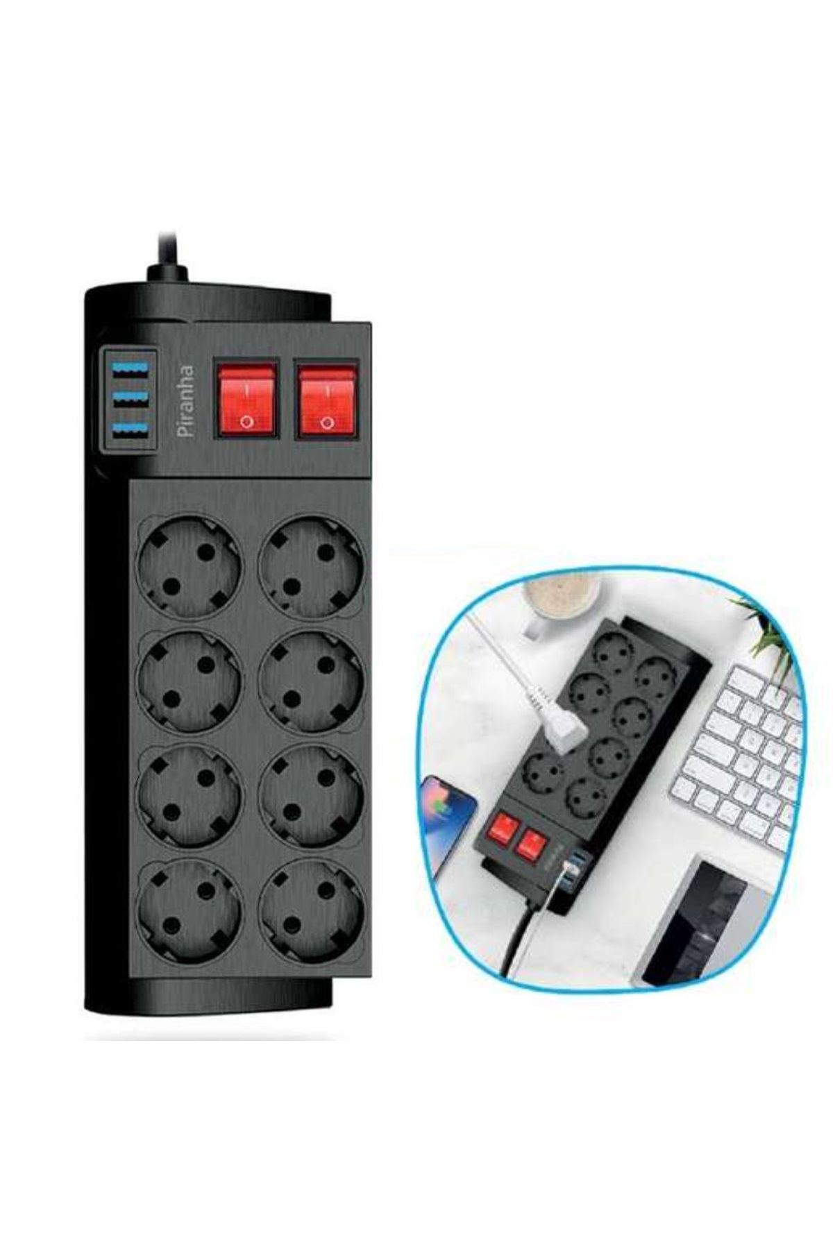 TBL Dekor® Isıya Dayanıklı Termal Akım Korumalı 2 Metre 16A 4000W 8li Priz ve 3 Usb Li Uzatma Kablosu