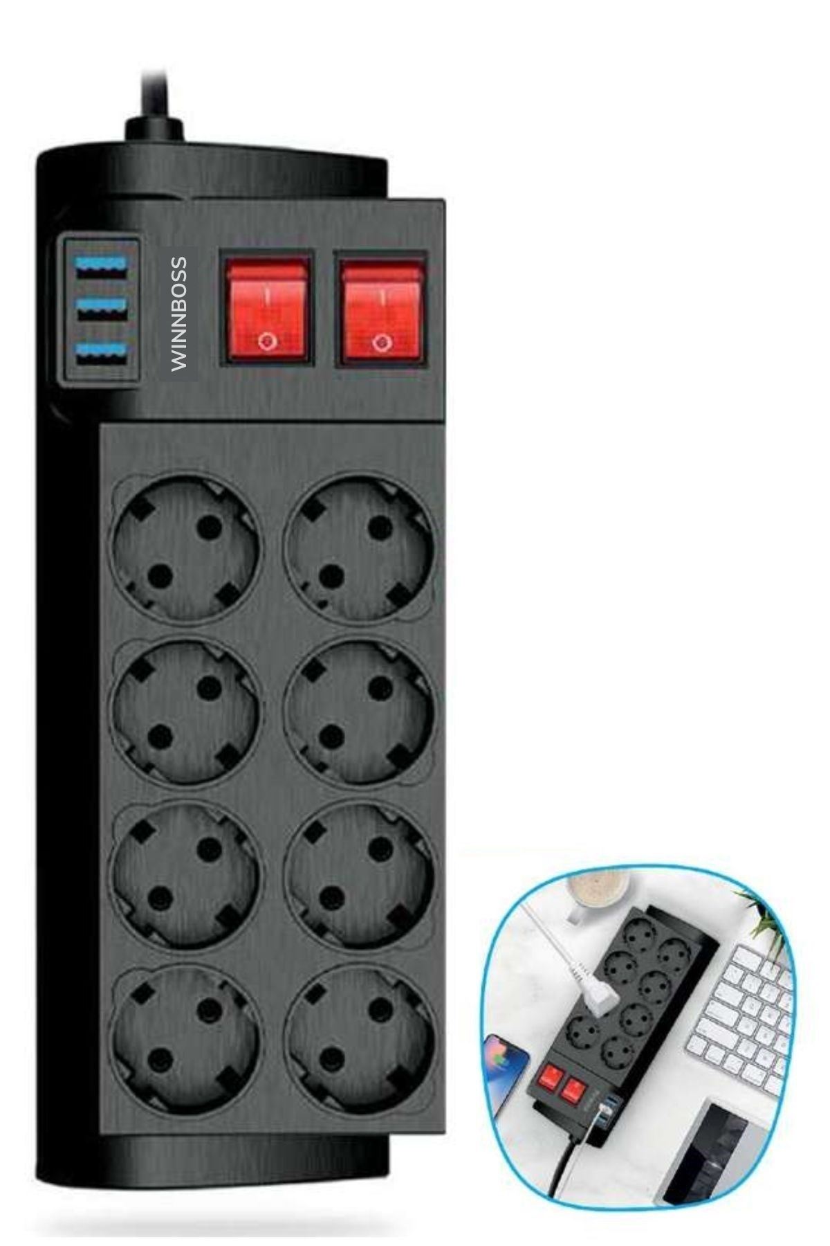 TBL Dekor® Isıya Dayanıklı Termal Akım Korumalı 2 Metre 16A 4000W 8li Priz ve 3 Usb Li Uzatma Kablosu