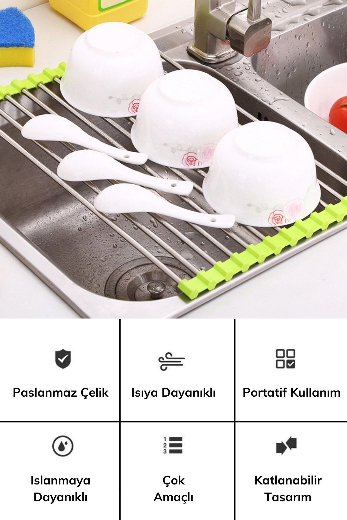 TBL Dekor® Evye Üstü Katlanır Nihale Paslanmaz Çelik Pratik Sebze Meyve Bulaşık Kurutma Süzgeci