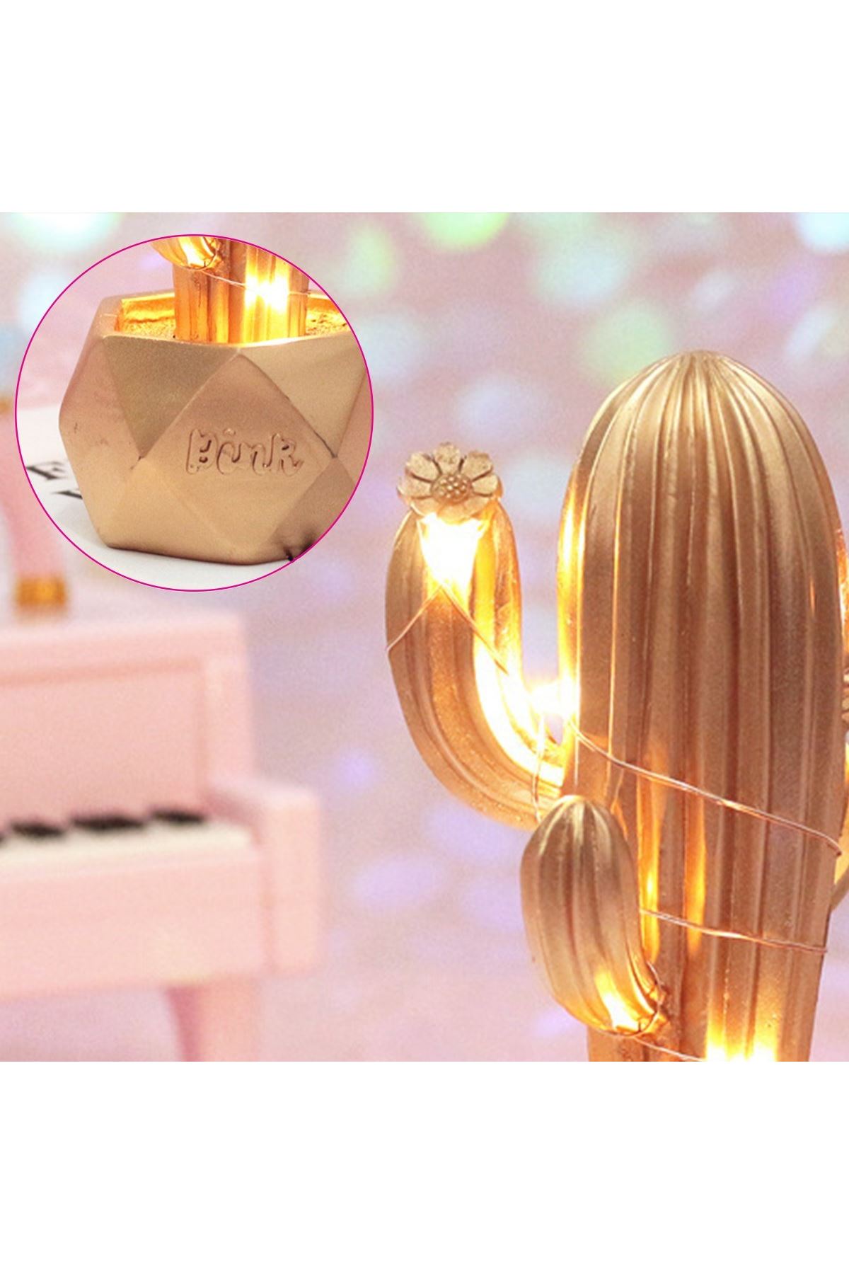TBL Dekor® Led Işıklı Sevimli Kaktüs Dekoratif Masa Lambası Mini Biblo Gece Lambası-GOLD