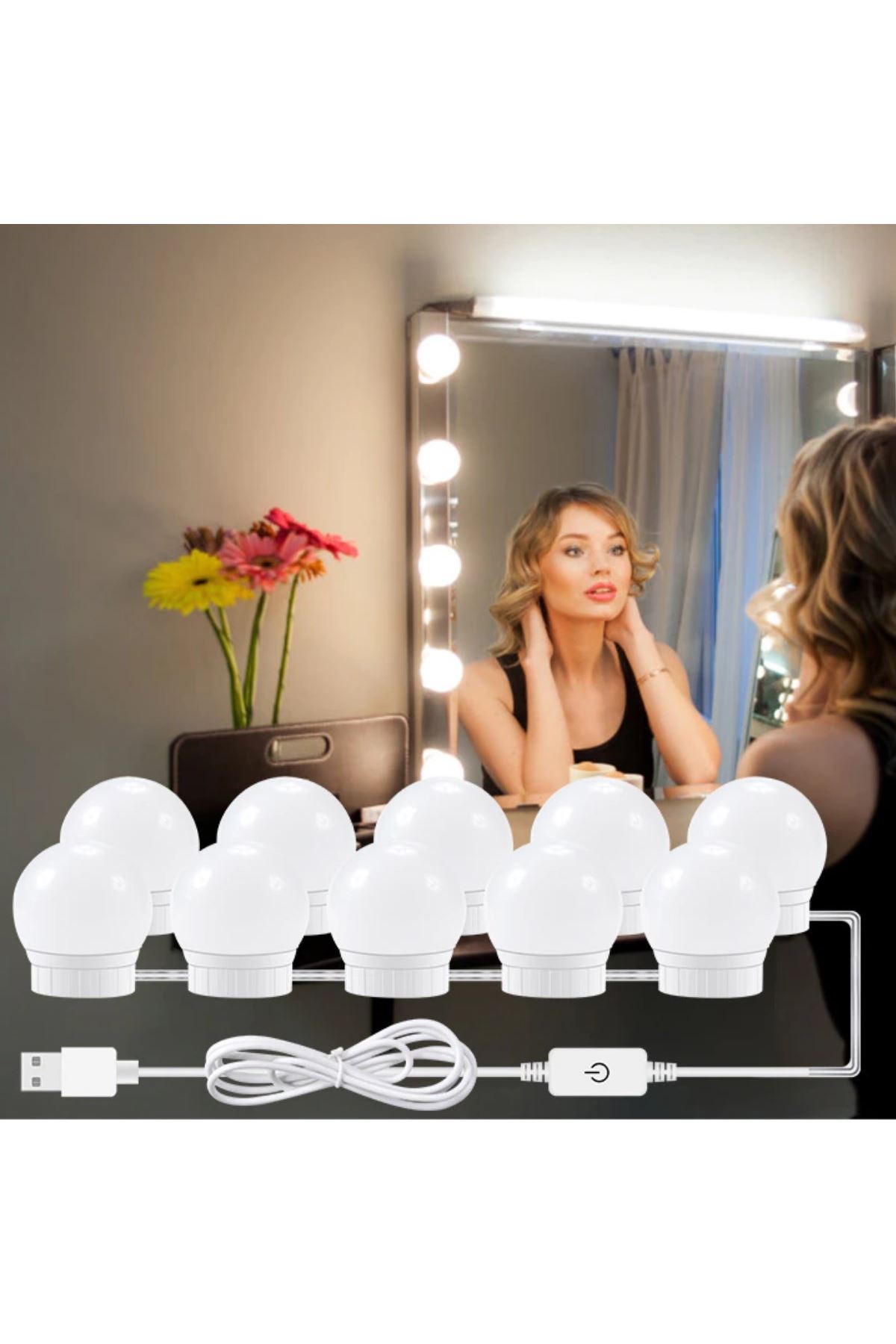 TBL Dekor® Nostalji Hollywood Tarzı 10lu Makyaj Masası Aynası Beyaz Led Işıklı Lamba USB