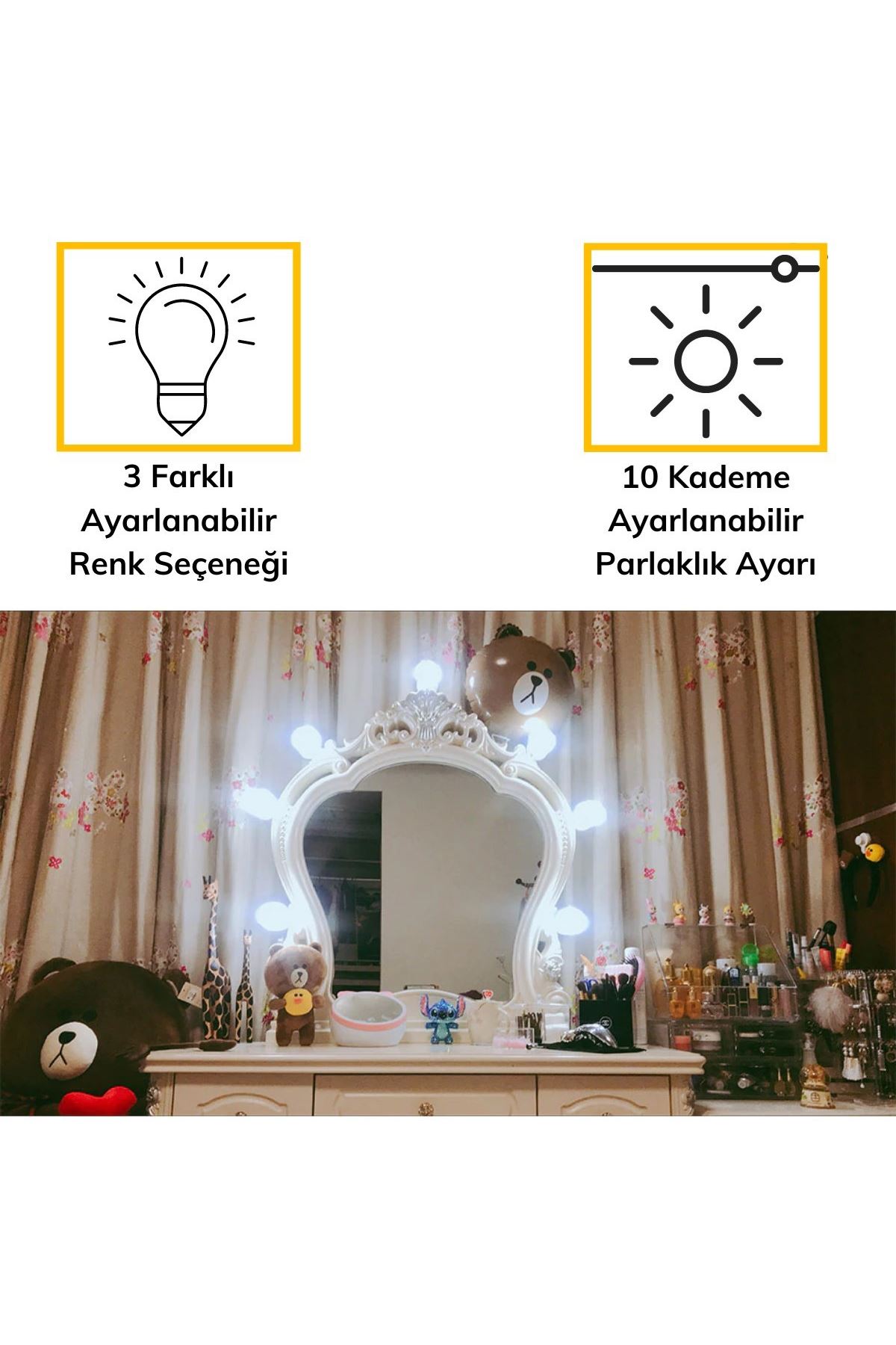 TBL Dekor® Nostalji Hollywood Tarzı 10lu Makyaj Masası Aynası Beyaz Led Işıklı Lamba USB
