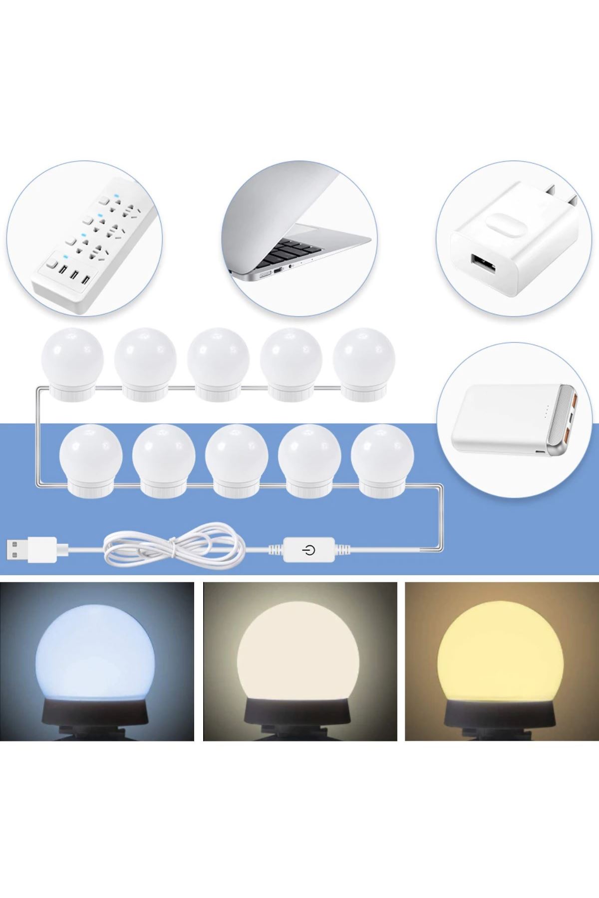 TBL Dekor® Nostalji Hollywood Tarzı 10lu Makyaj Masası Aynası Beyaz Led Işıklı Lamba USB